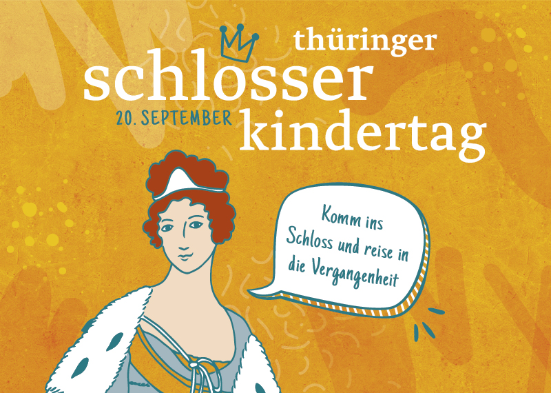 Plakat zum Schlösserkindertag mit Figur in historischer Kleidung und Text: „Komm ins Schloss und reise in die Vergangenheit“.