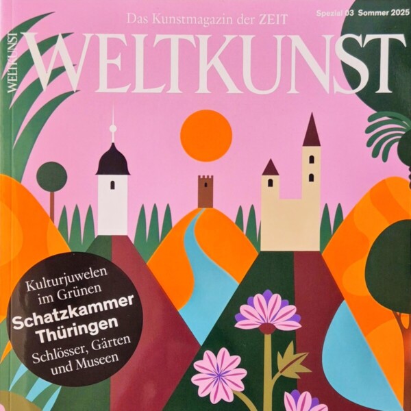 Weltkunst Magazin 2025: Titelbild der Sonderausgabe zur Schatzkammer Thüringen mit stilisierter Burglandschaft