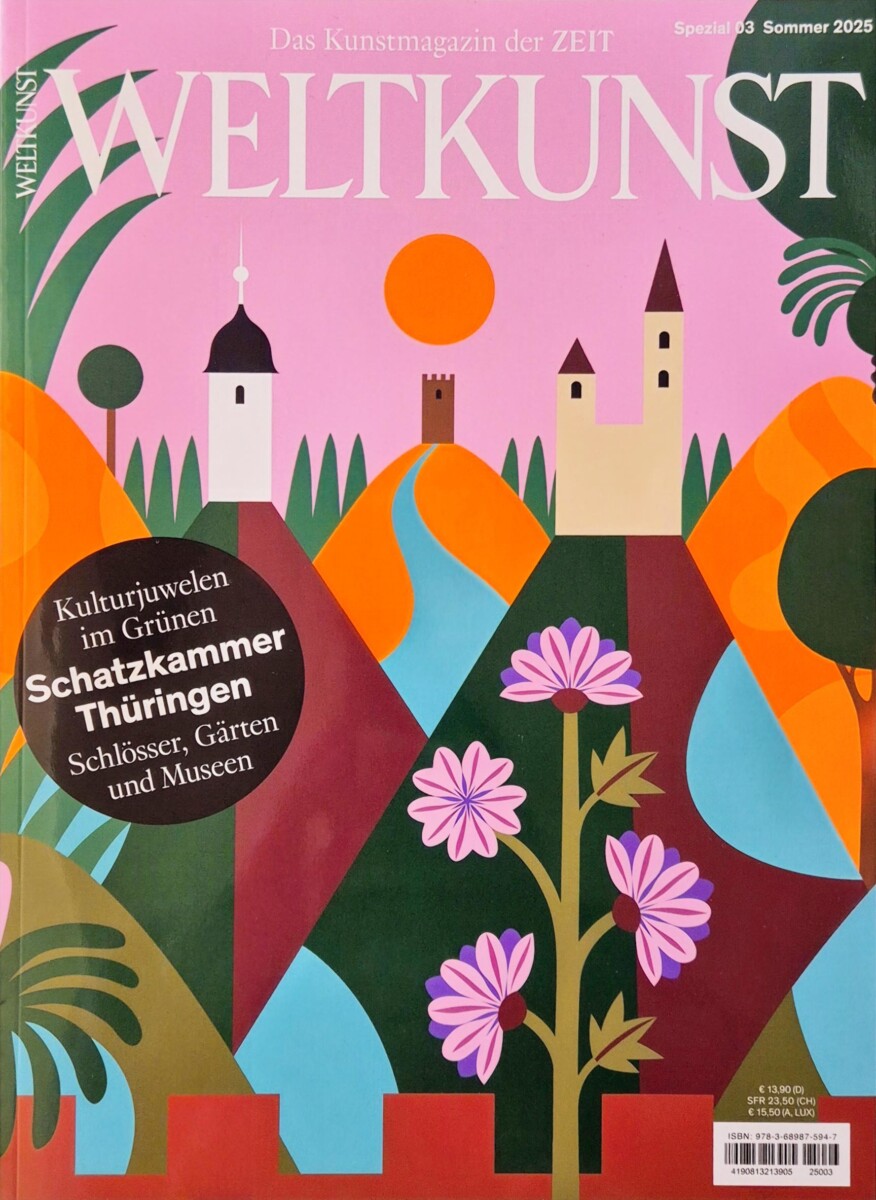 Weltkunst Magazin 2025: Titelbild der Sonderausgabe zur Schatzkammer Thüringen mit stilisierter Burglandschaft